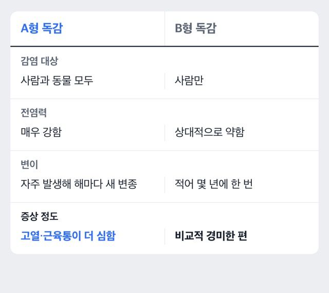 A형과 B형 독감 비교 도해