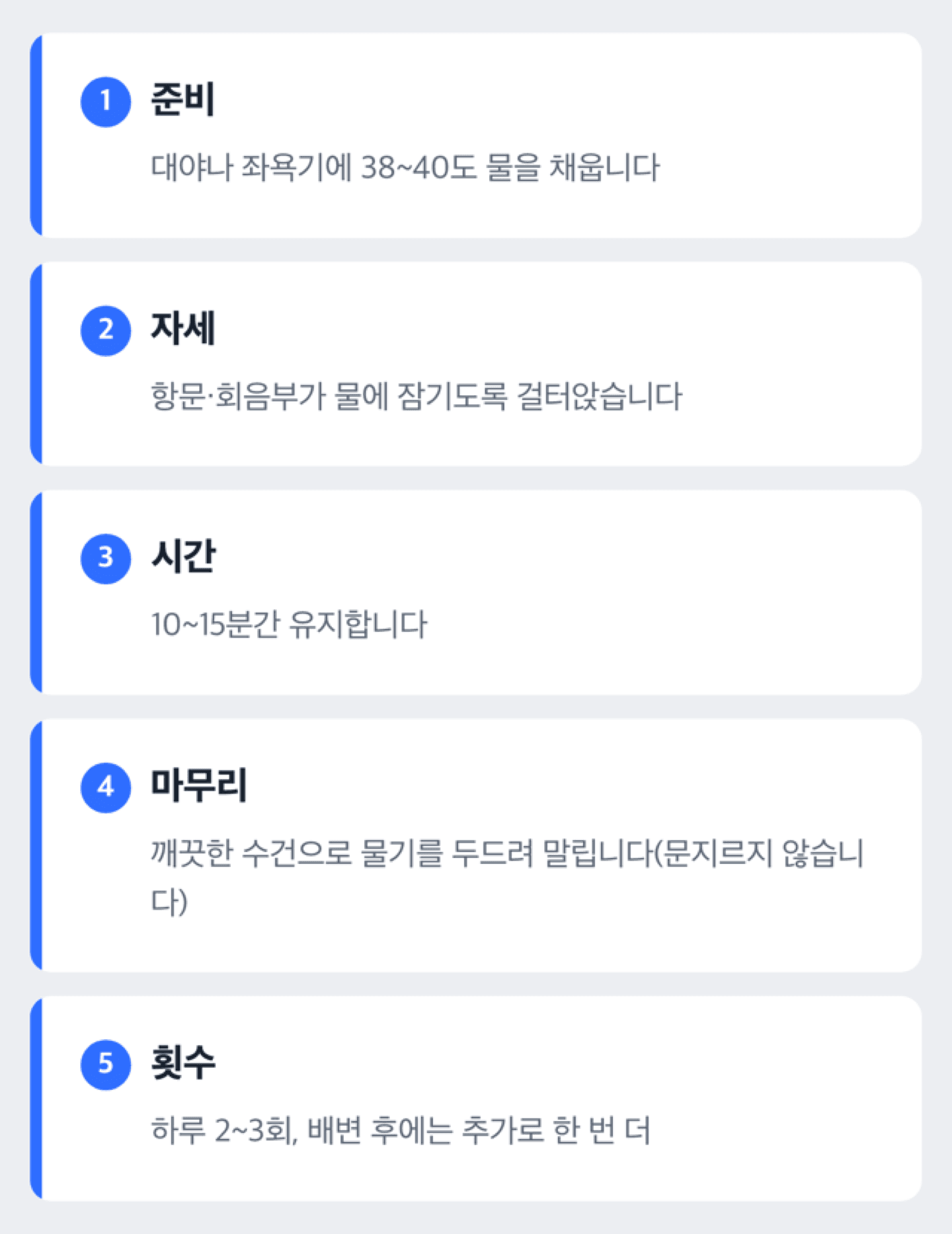38~40도 물에 10~15분, 하루 2~3회 좌욕하는 방법을 단계별로 보여주는 도해