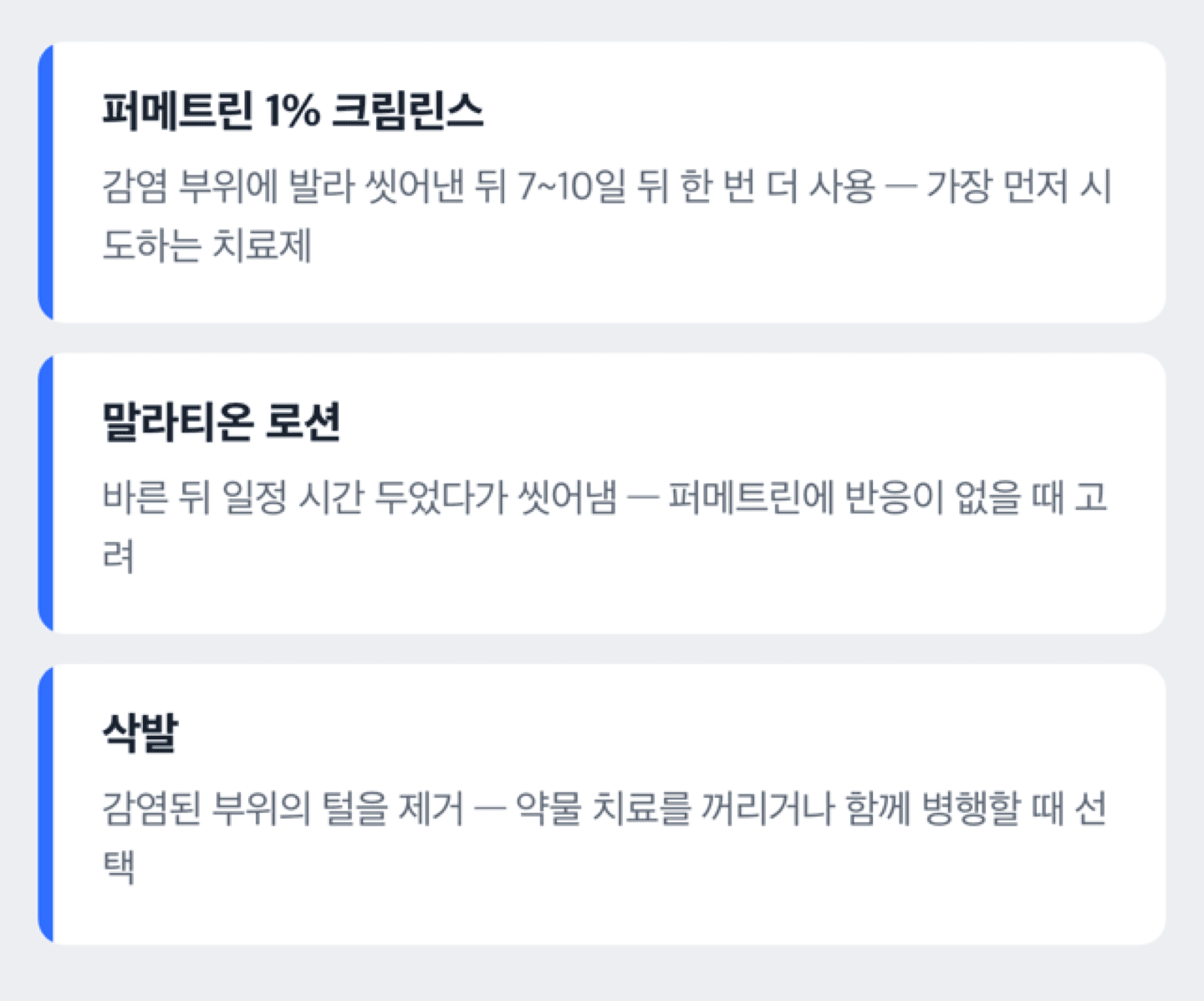 사면발이 치료법 3가지(퍼메트린 크림린스·말라티온 로션·삭발)를 정리한 도해