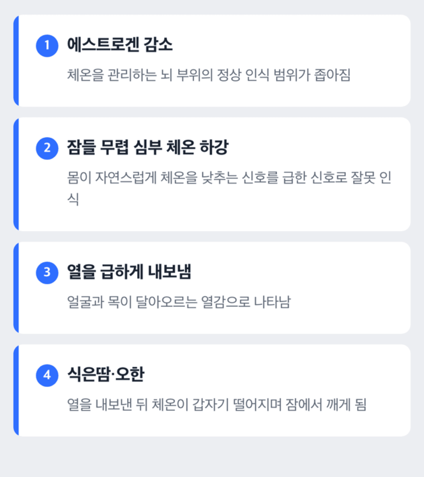 여성호르몬 감소로 좁아진 체온 조절 범위와 밤에 열감이 더 심해지는 과정을 보여주는 도해