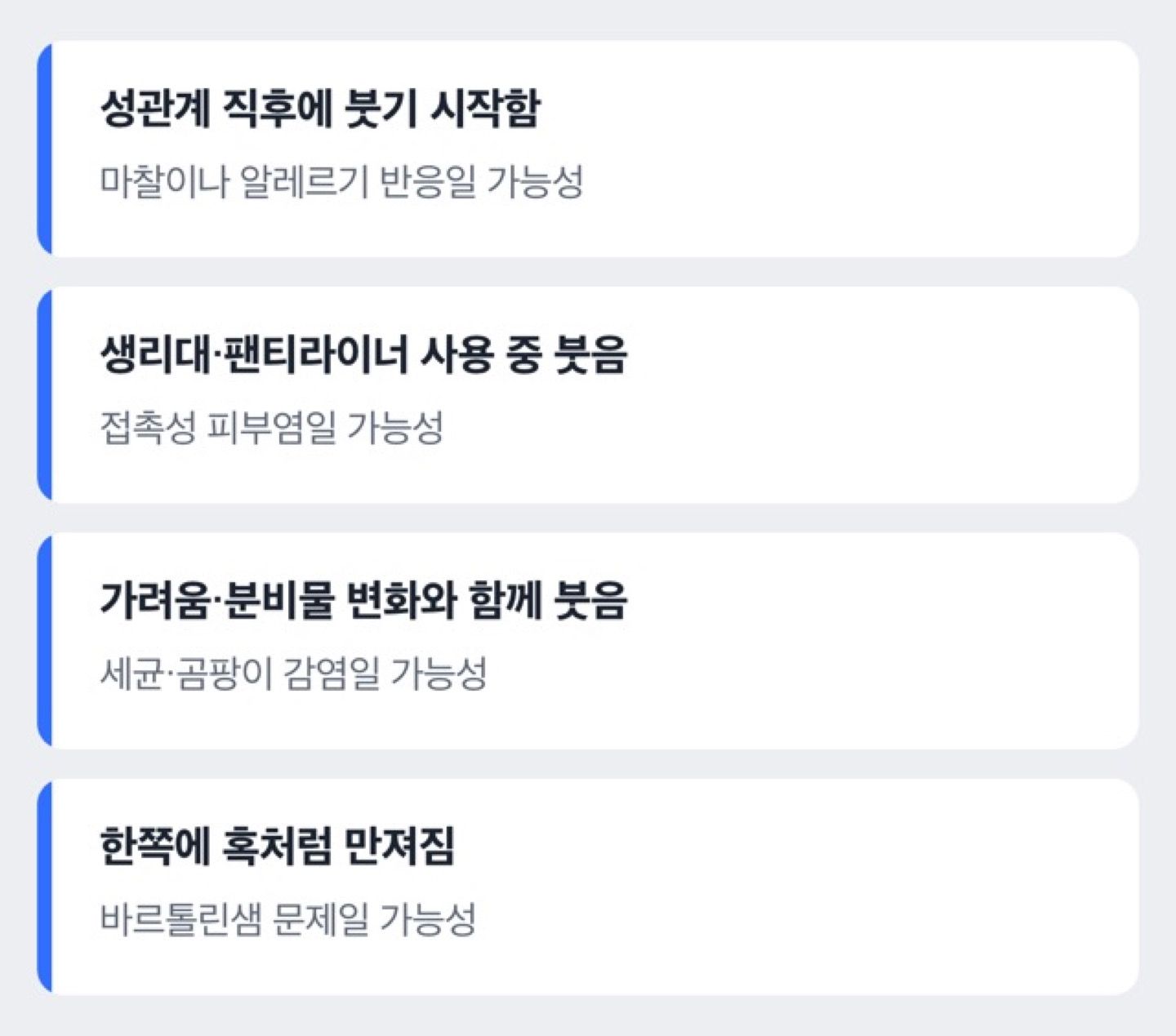 질 입구 부음의 흔한 원인 네 가지(마찰·접촉성 피부염·감염·바르톨린)를 확인하는 체크리스트 도해