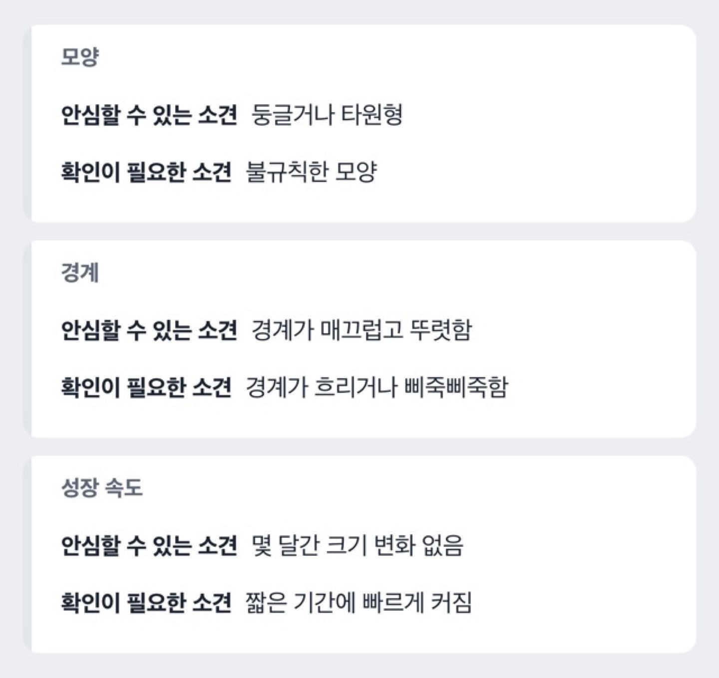 결절의 모양과 경계에 따라 양성 소견과 확인이 필요한 소견을 비교한 도해