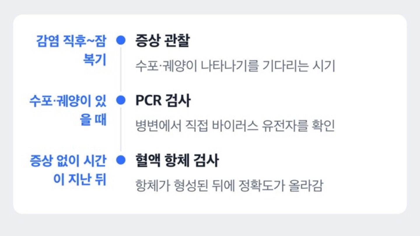 감염 후 검사 방법이 달라지는 시기를 보여주는 타임라인 도해