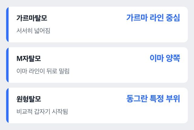 가르마탈모·M자탈모·원형탈모의 시작 부위와 진행 패턴을 비교하는 도표