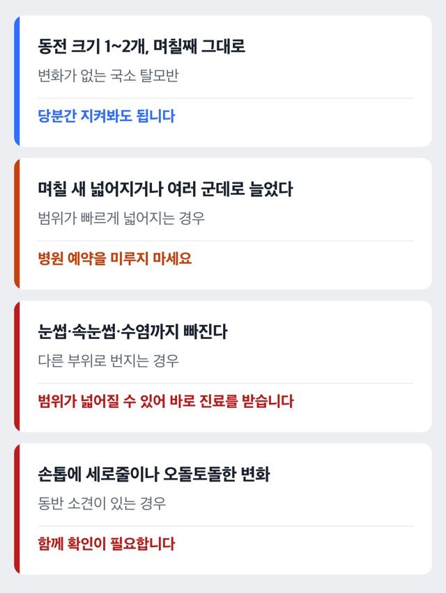 원형탈모 상황별 병원 방문 여부를 보여주는 단계별 도해