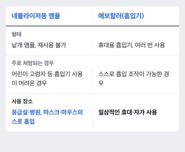 벤토린 네뷸과 에보할러 비교 도해