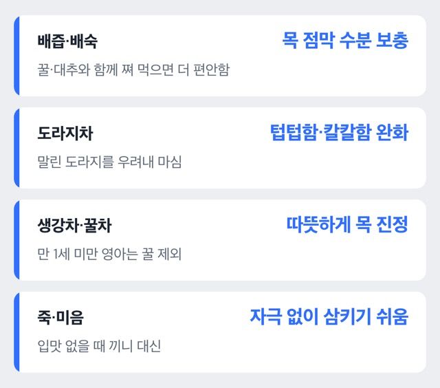 기침감기에 좋은 음식 네 가지를 정리한 도해