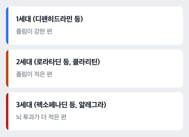 항히스타민 세대 비교 도해
