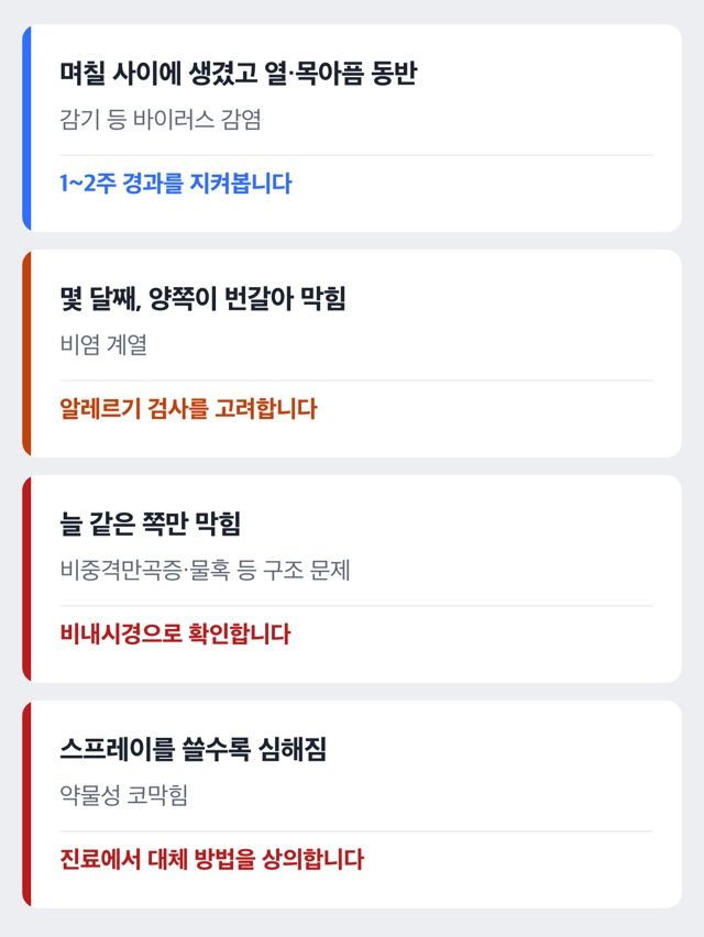 코막힘 원인을 기간과 좌우 여부로 가려내는 순서 도해