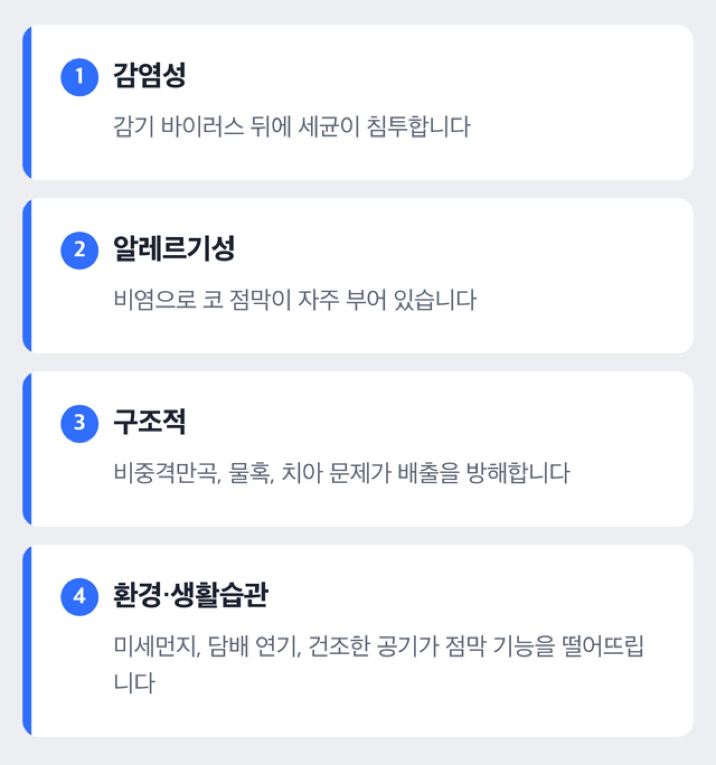 축농증원인 4가지 분류 도해(감염성·알레르기성·구조적·환경성)