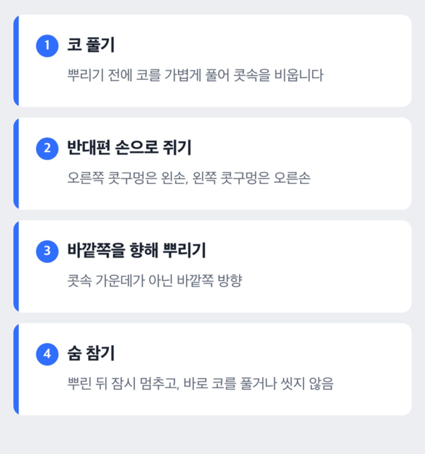 코 스프레이를 뿌리는 순서를 네 단계로 보여 주는 순서 도해