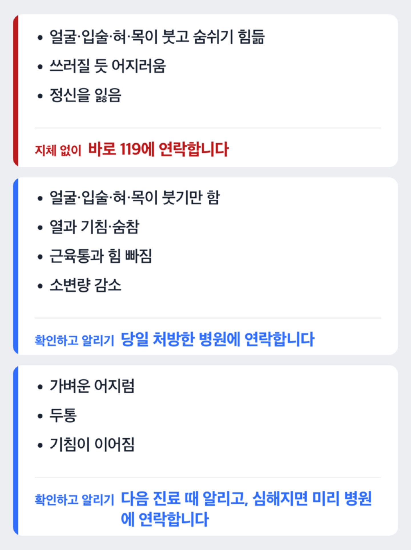 복용 중 나타난 증상에 따라 119 연락, 당일 병원 연락, 진료 때 상담으로 나누어 보여 주는 도해