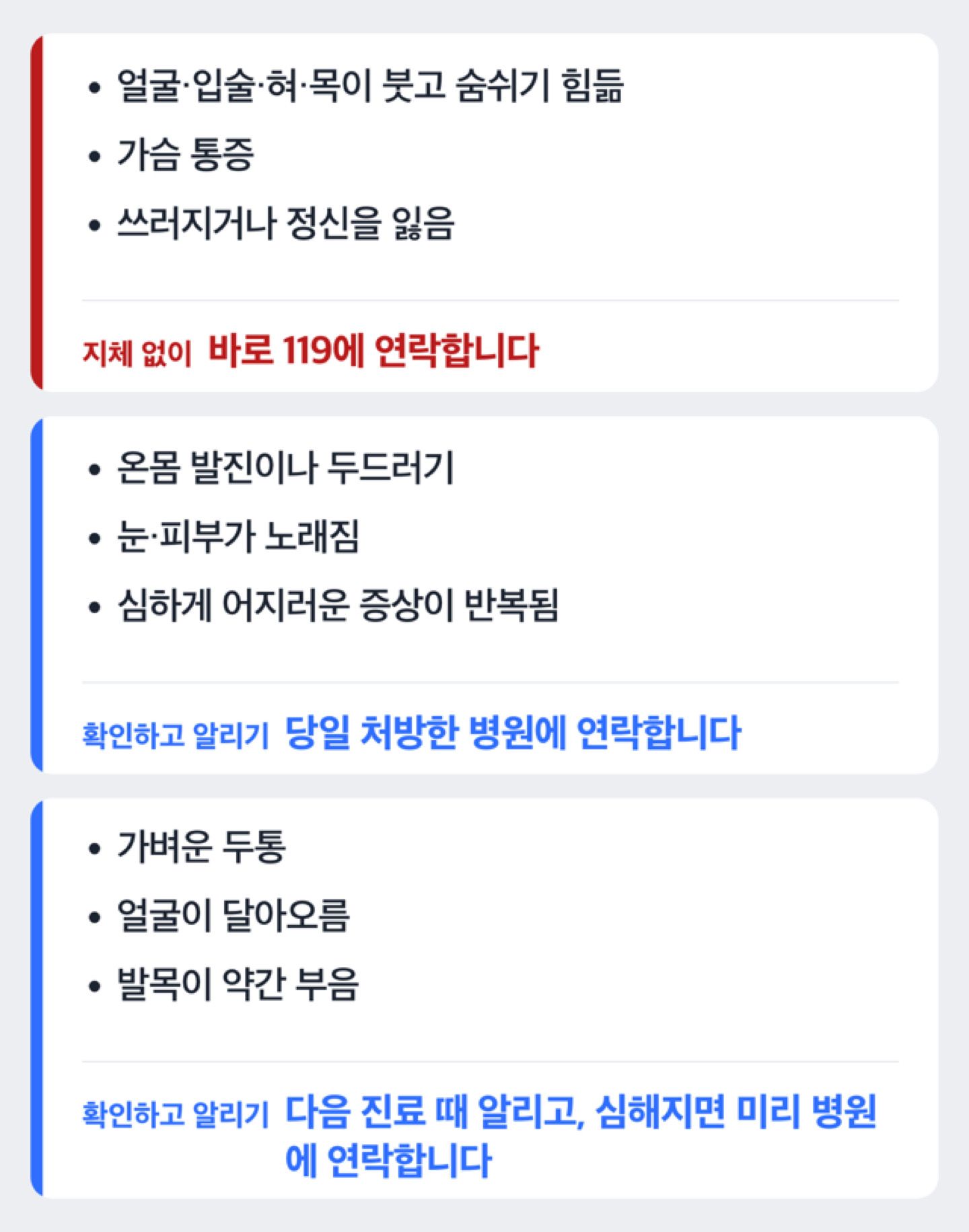 증상에 따라 119 연락, 당일 병원 연락, 다음 진료 때 상담으로 나누어 보여 주는 도해
