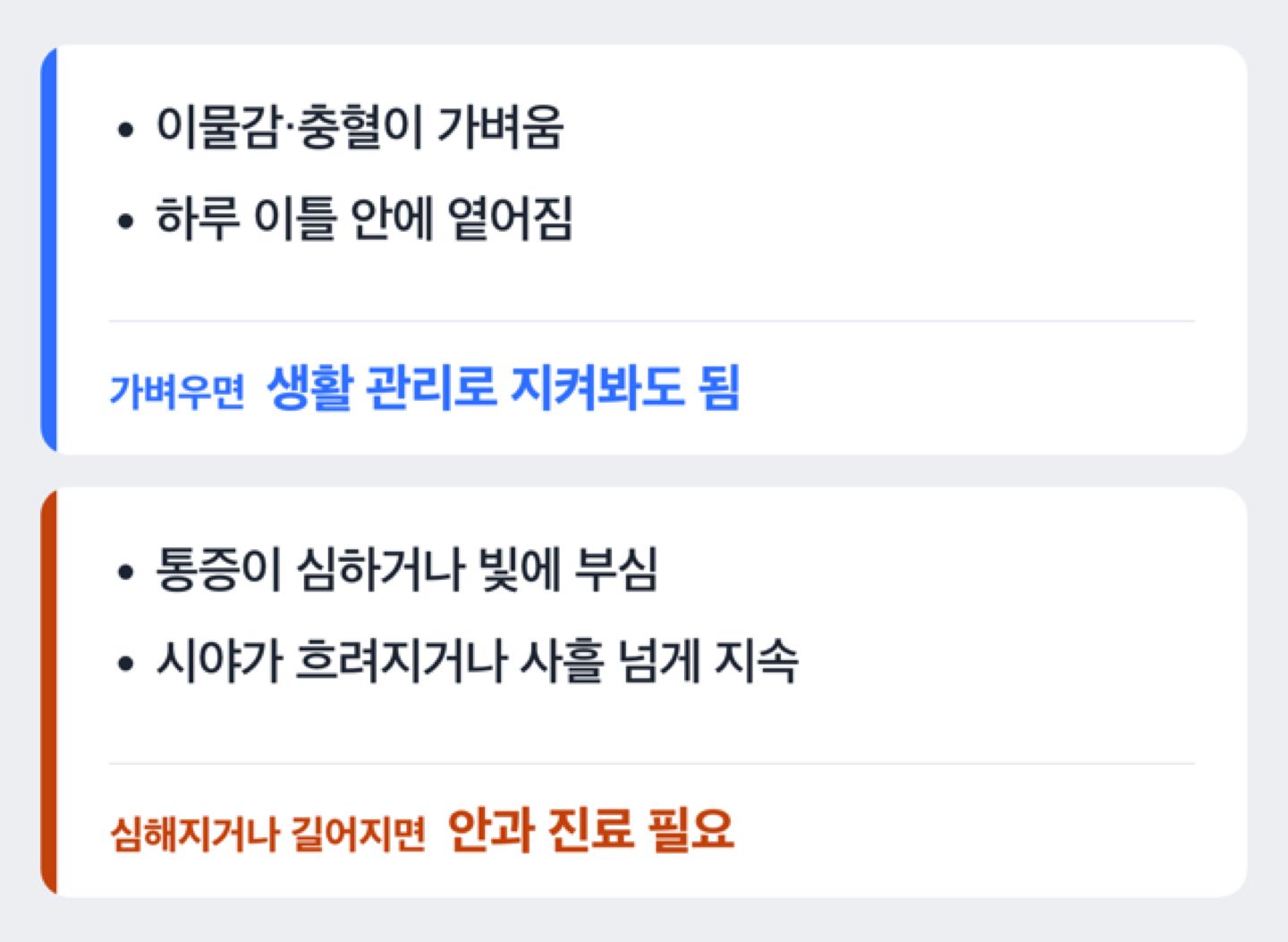 눈 증상 기간과 강도에 따라 지켜볼지 안과에 갈지 판단하는 흐름도