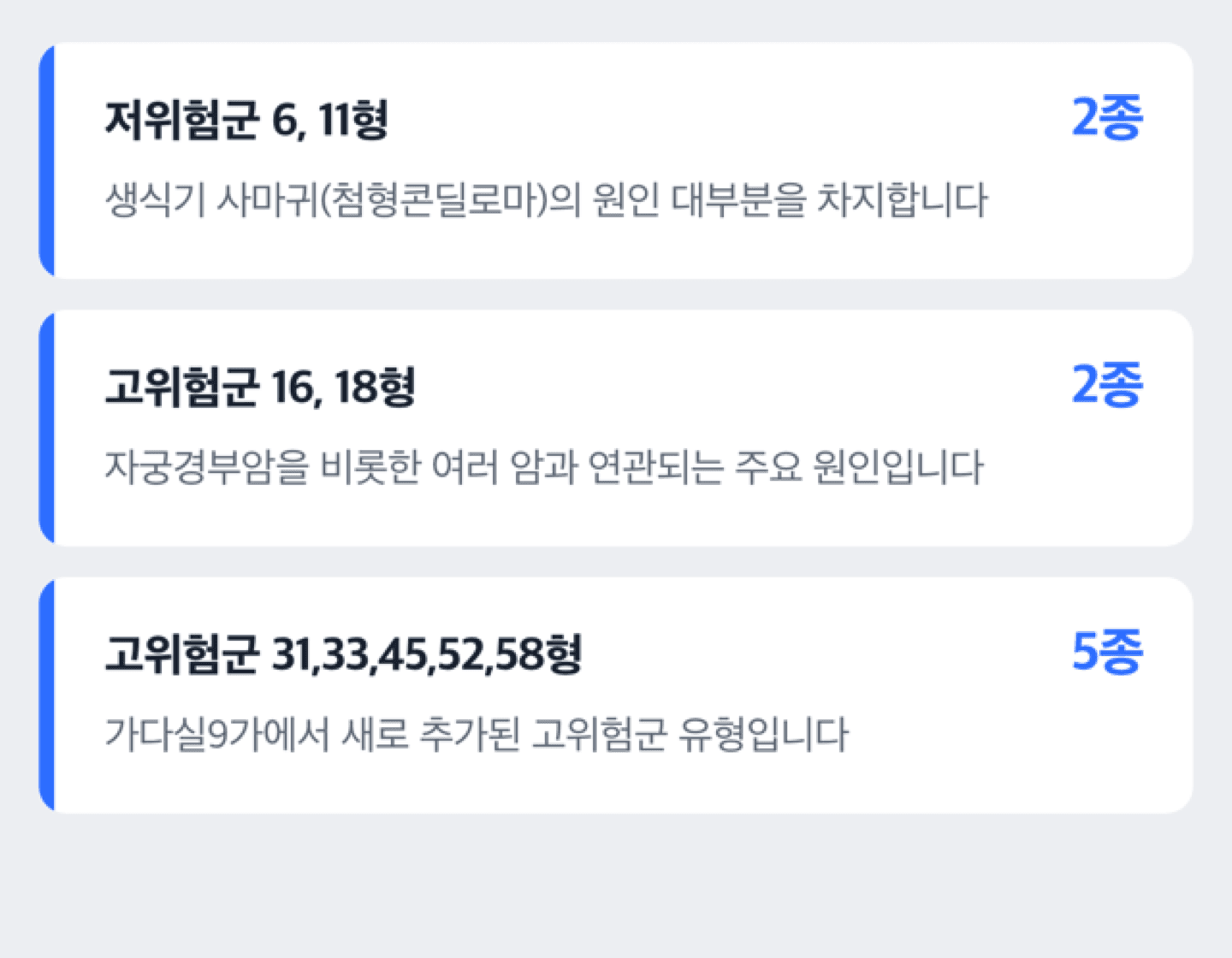 가다실9가에 포함된 9종 바이러스를 고위험군·저위험군으로 나눈 도식