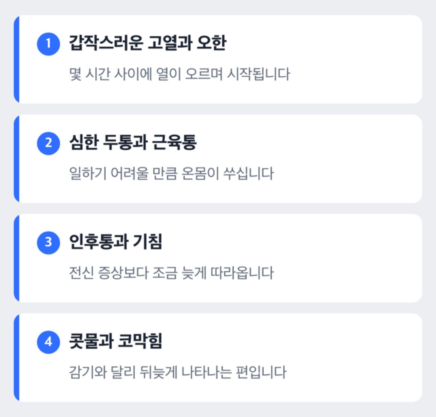 A형독감 초기 증상이 고열에서 호흡기 증상 순으로 나타나는 순서를 정리한 도해
