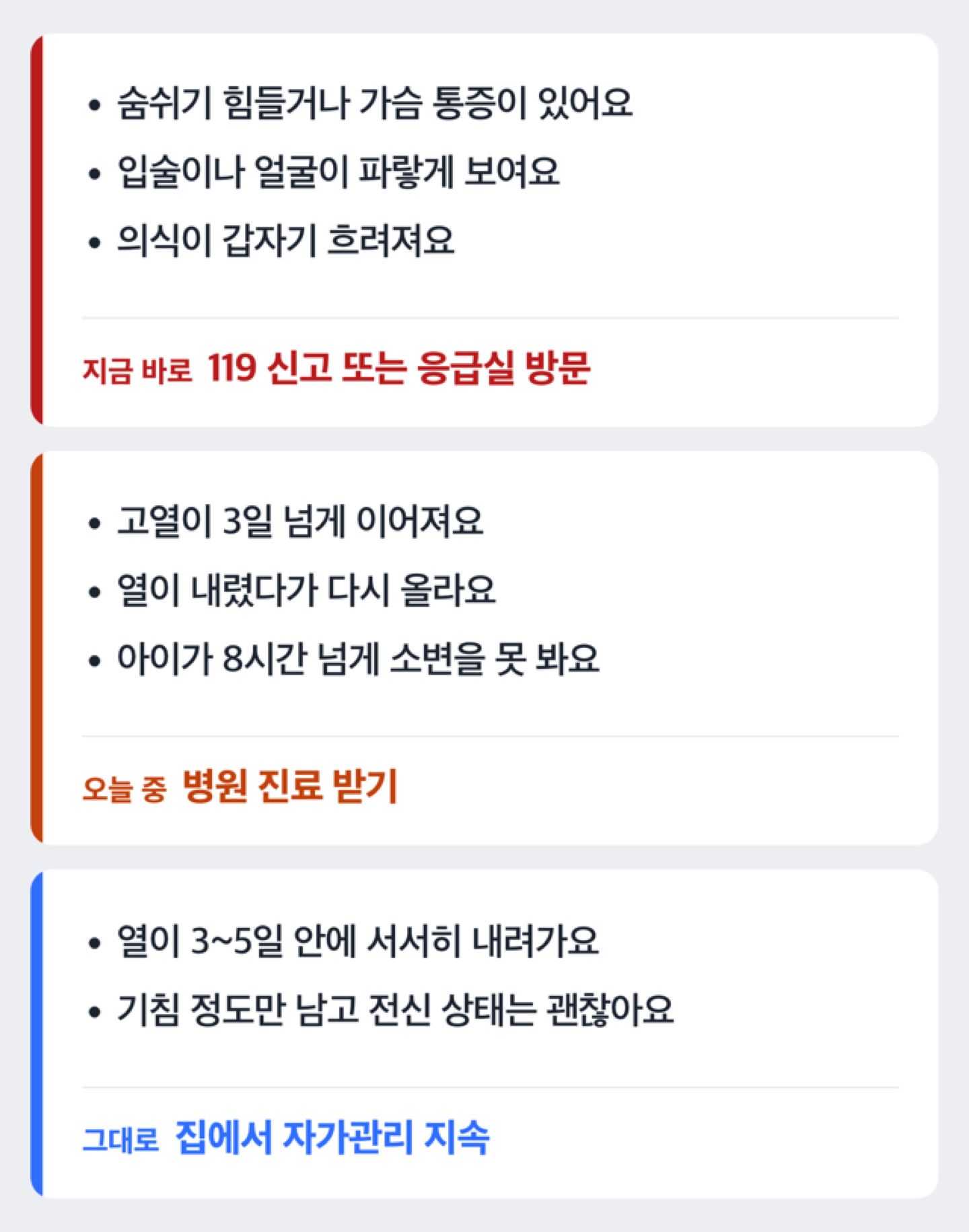 A형독감 증상이 나빠질 때 병원에 가야 하는 시점을 나누어 보여주는 도해