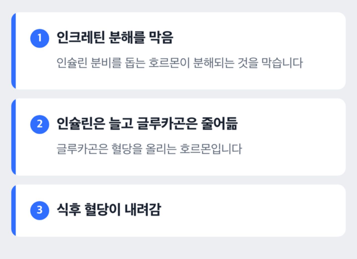 DPP-4 억제제가 혈당을 낮추는 순서를 세 단계로 보여 주는 도해