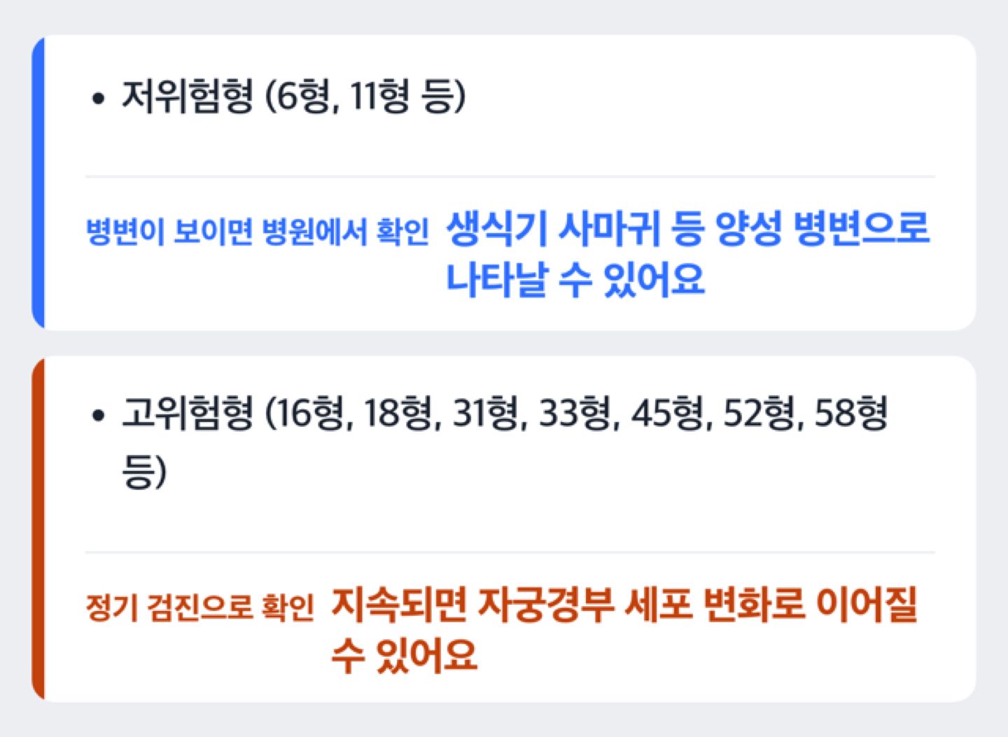 저위험형과 고위험형 HPV 분류 갈래 도해
