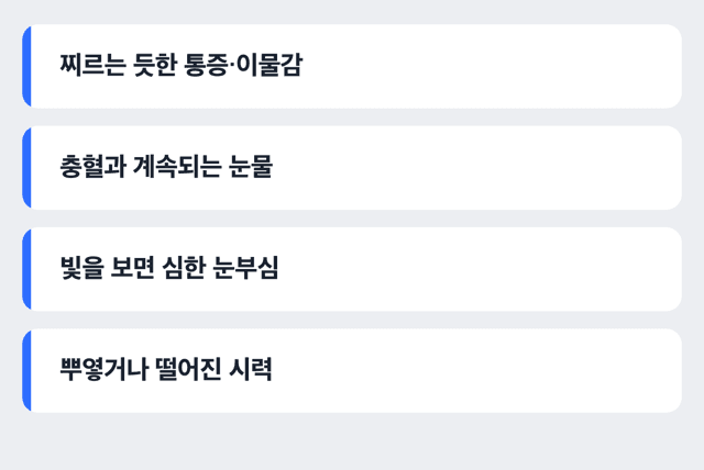 각막염이 의심되는 주요 증상을 한눈에 보여주는 체크리스트 도해