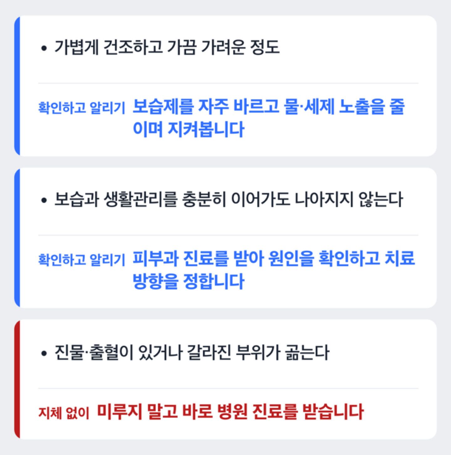 자가관리로 지켜봐도 되는 경우와 병원에 가야 하는 경우를 가르는 판단 기준 도해