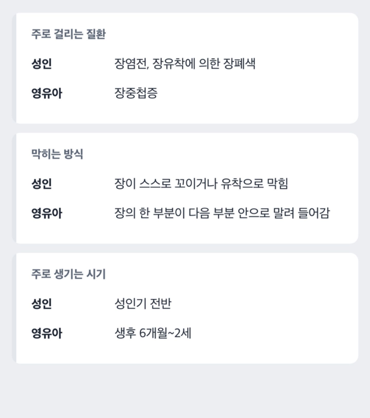 성인의 장염전·장폐색과 영유아의 장중첩증을 나이·질환명·증상 특징으로 나눠 비교하는 도해