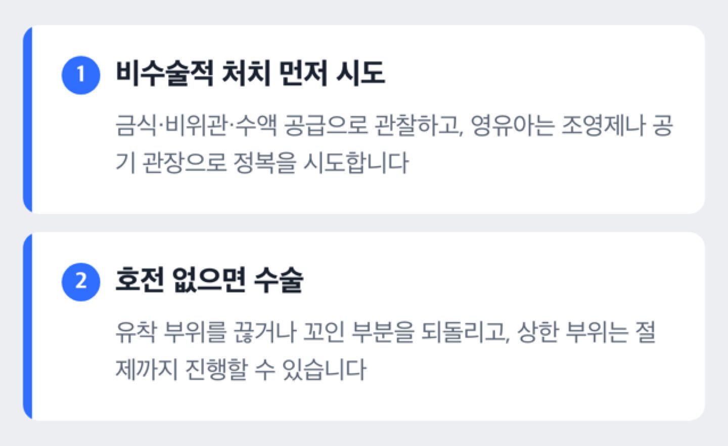 진찰부터 비수술적 처치, 수술까지 치료가 진행되는 순서를 보여주는 도해