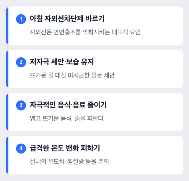 안면홍조 관리를 위한 하루 네 가지 습관을 순서대로 보여주는 도해