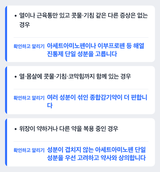 감기몸살약 성분별 선택 기준 도해
