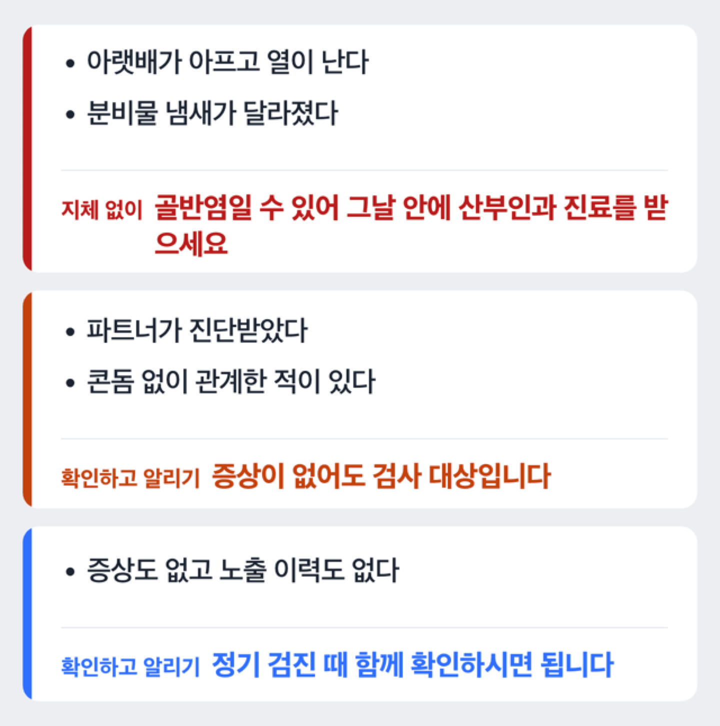 증상 유무와 성접촉 이력에 따라 검사를 받을지 가르는 도해