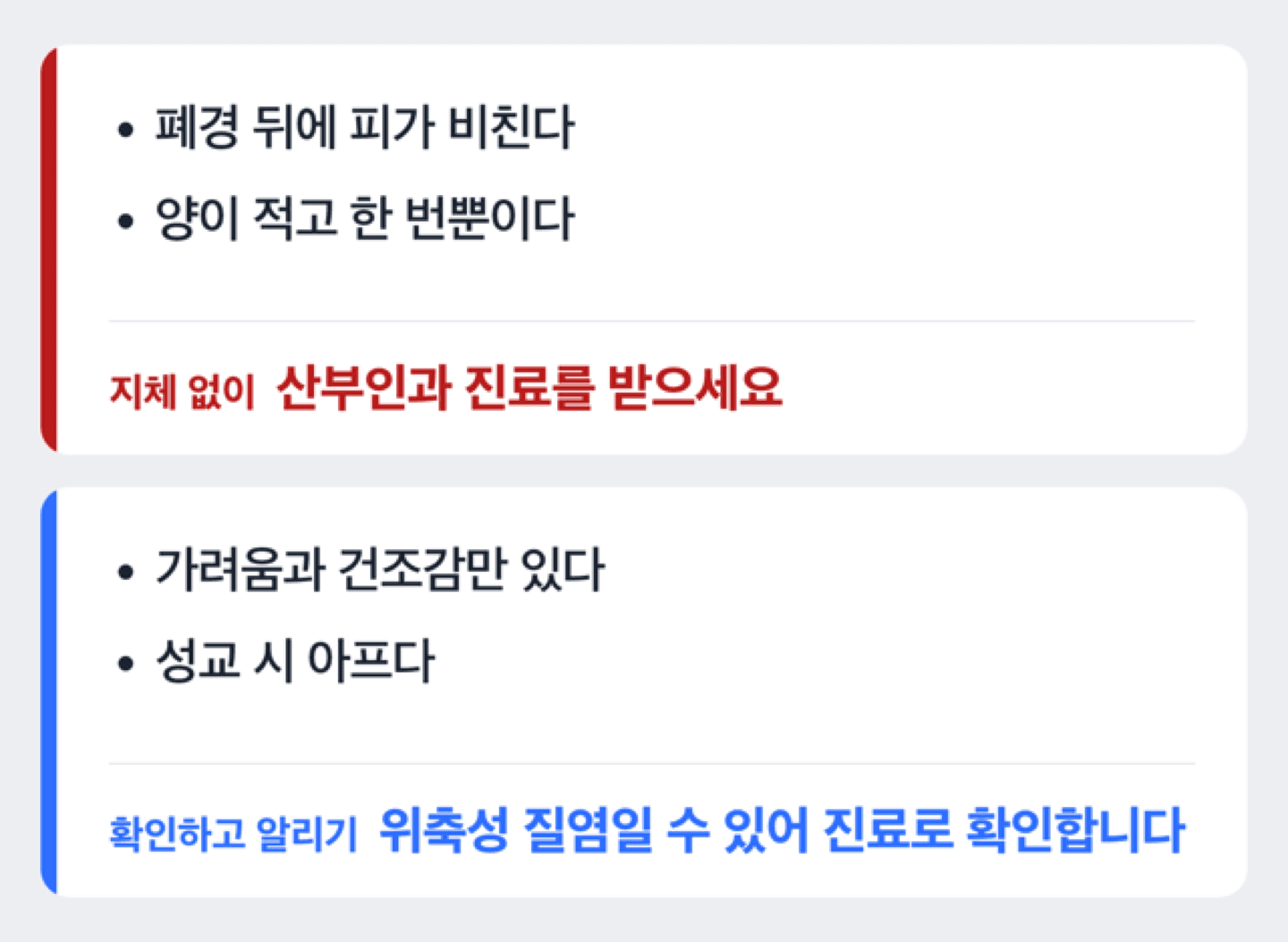 폐경 후 질 출혈이 있을 때와 건조감만 있을 때를 가르는 도해