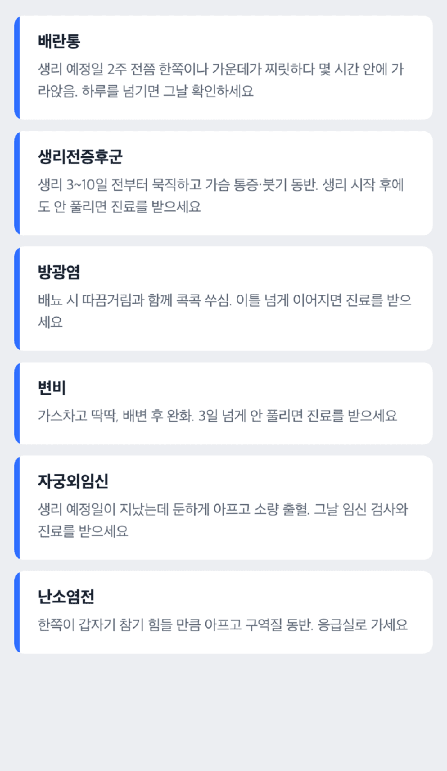 찌릿한 통증과 묵직한 통증이 각각 어떤 부위·원인과 연결되는지 비교한 도해