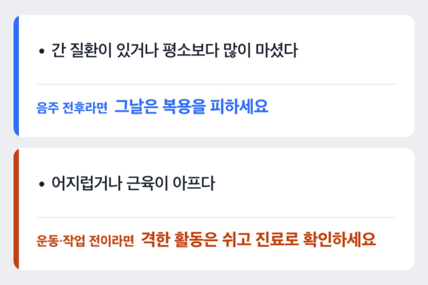 음주 여부와 복용 중 몸 상태에 따른 판단 흐름도