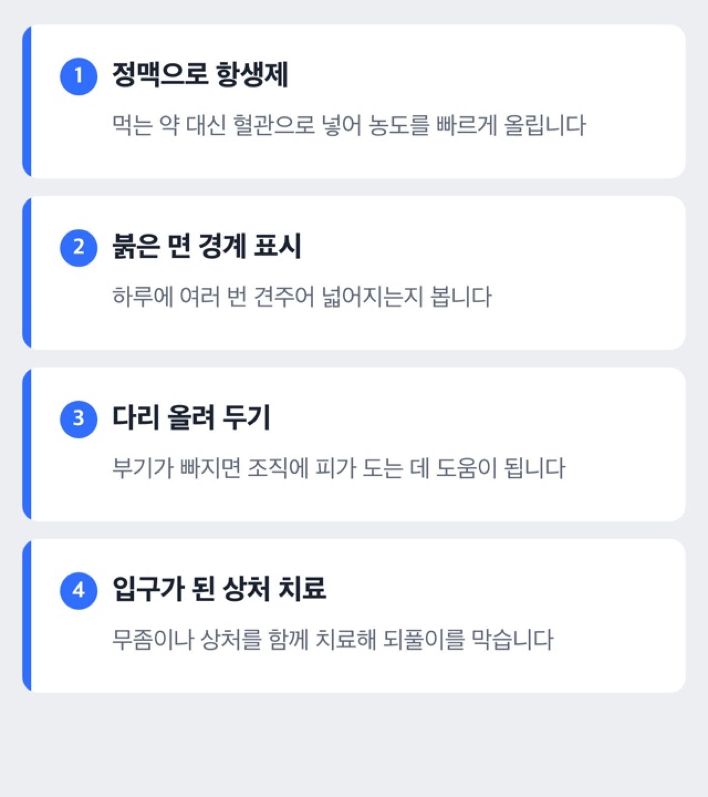 봉와직염 입원 중에 받는 치료 단계 도해