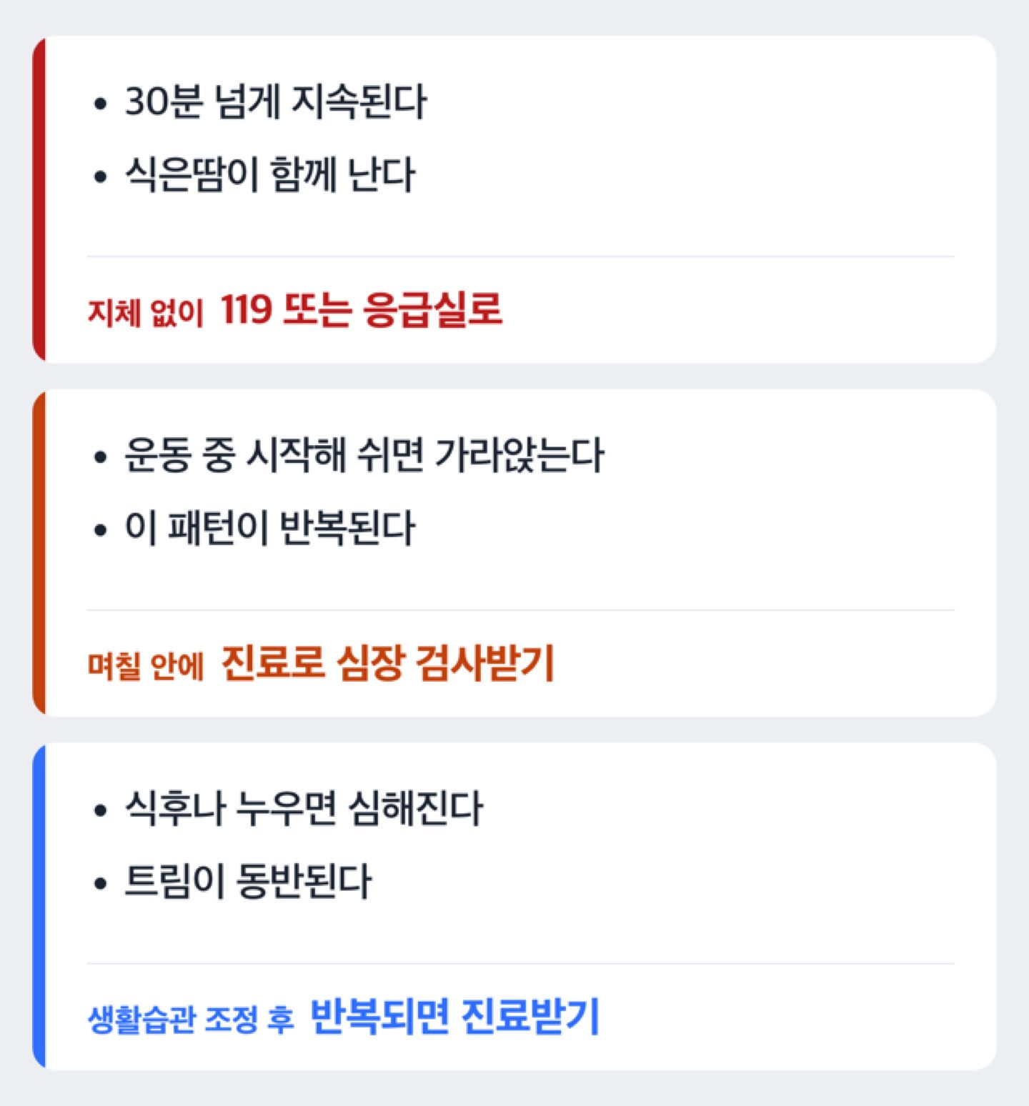가슴답답함 증상 양상에 따라 응급실행, 진료, 생활습관 조정 중 무엇을 해야 하는지 보여주는 판단 흐름도