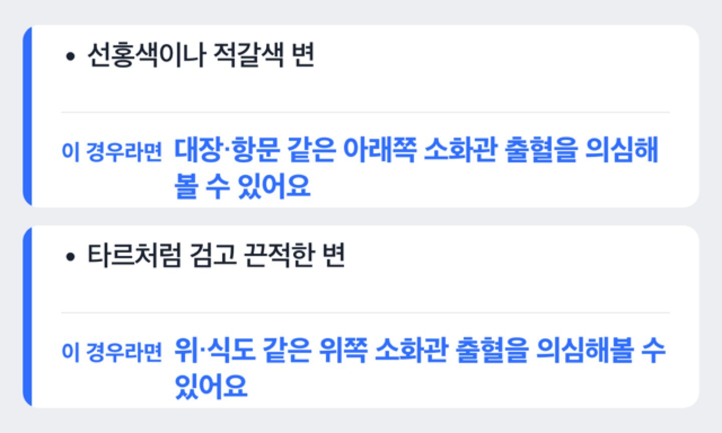 혈변 색깔별 출혈 위치(선홍색-하부, 흑색-상부) 구분 도해