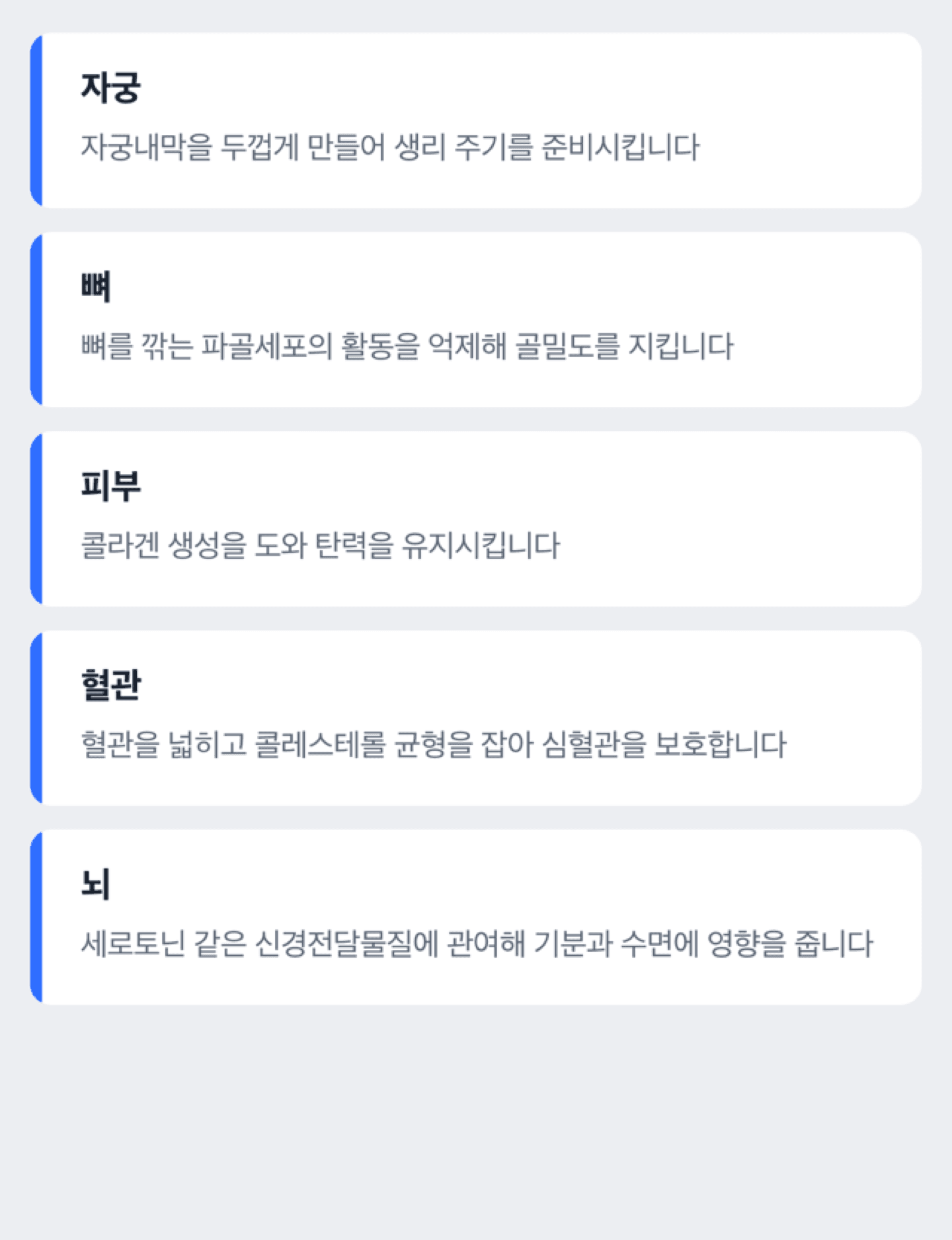 에스트로겐이 자궁·뼈·피부·혈관·뇌에 각각 어떻게 작용하는지 표시한 신체 도해