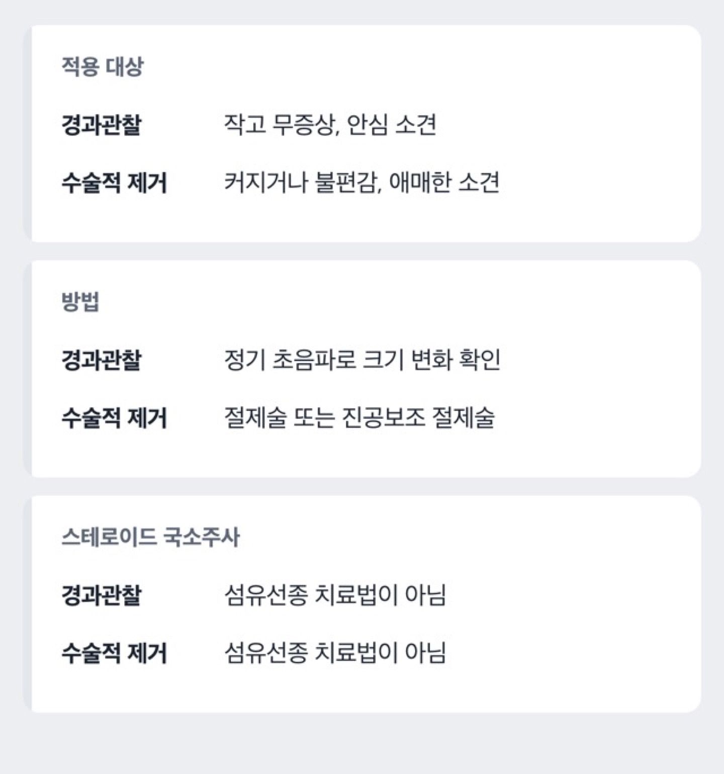 염증과 양성 종양의 차이를 보여주는 도해, 스테로이드가 섬유선종에 작용하지 않는 이유