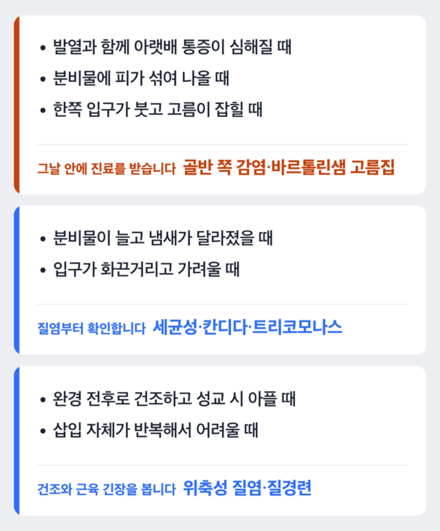 질 통증을 아픈 위치와 동반 증상으로 나눠 짐작되는 원인을 좁히는 갈래 도해