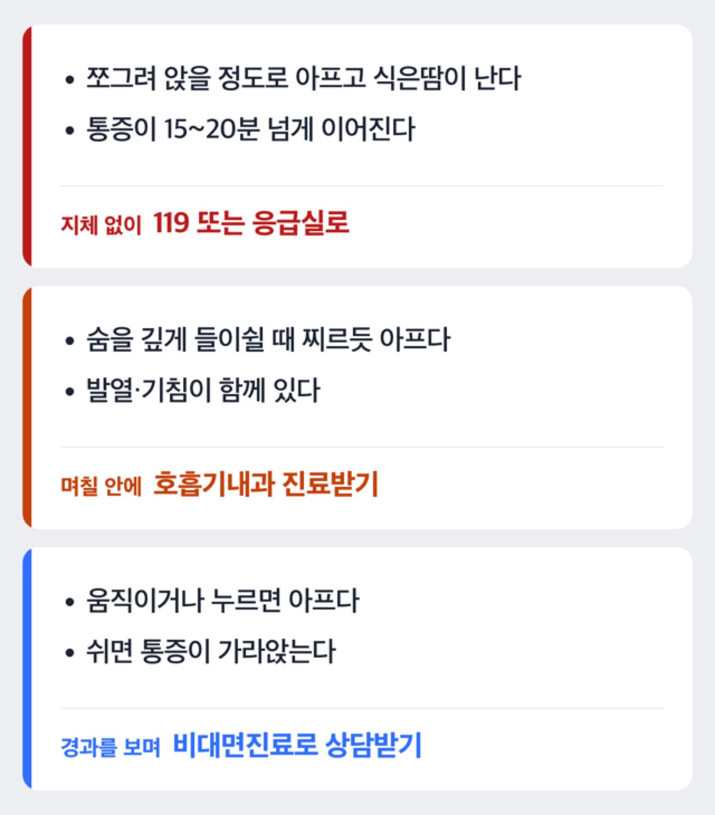 숨 쉴 때 가슴 통증의 원인을 증상 패턴별로 구분한 도해