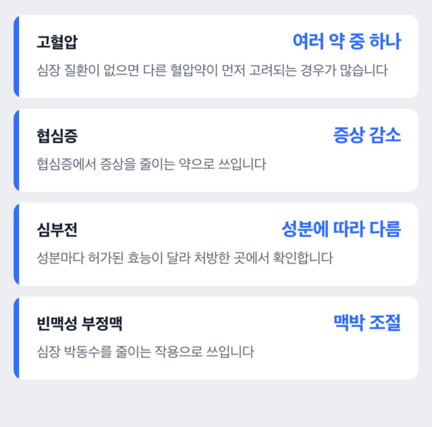 베타차단제가 쓰이는 질환을 고혈압, 협심증, 심부전, 빈맥성 부정맥별로 정리한 도해