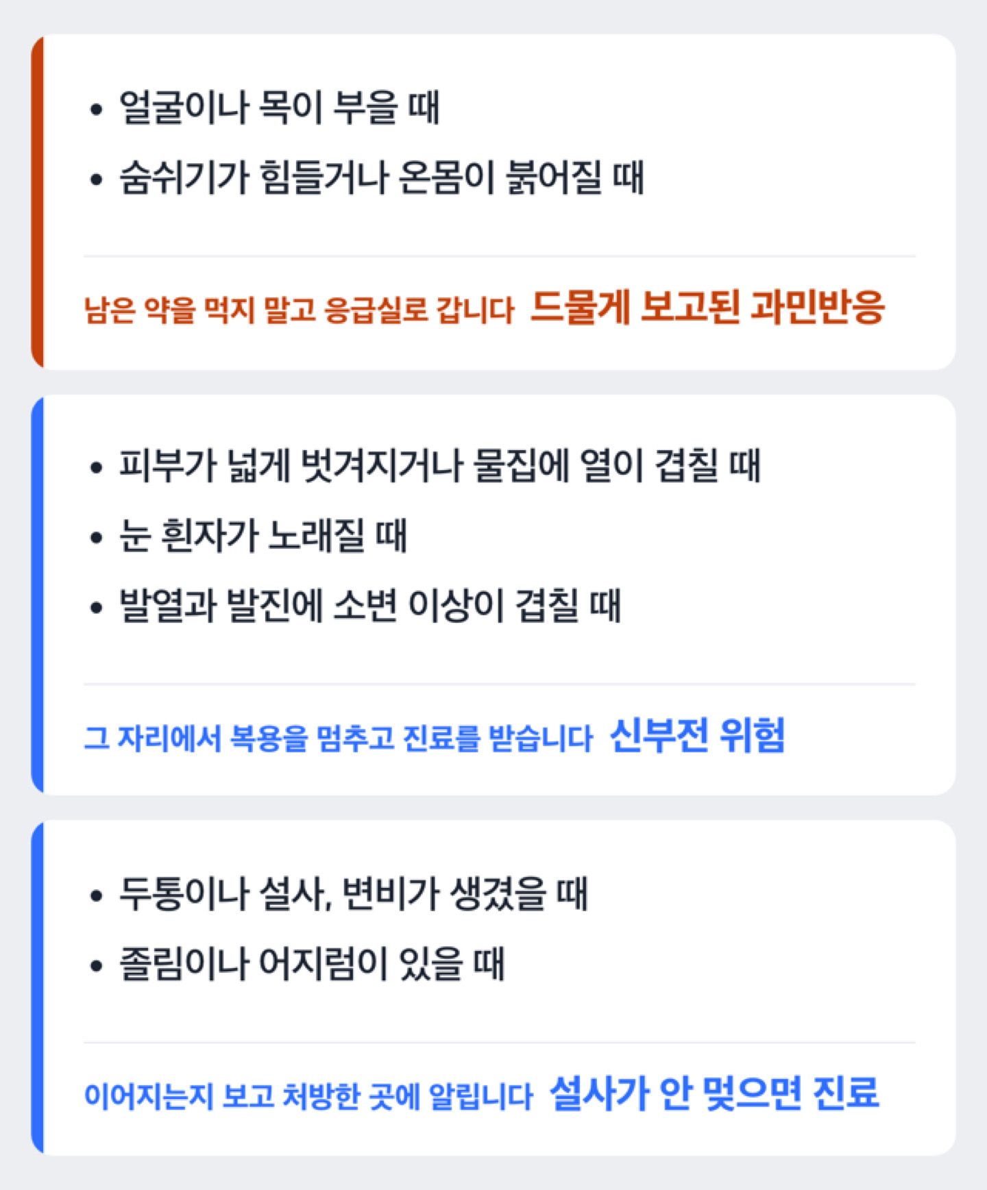 오메프라졸 복용 중 나타난 반응을 바로 응급실, 복용을 멈추고 진료, 지켜보며 알리기 세 갈래로 나눈 도해
