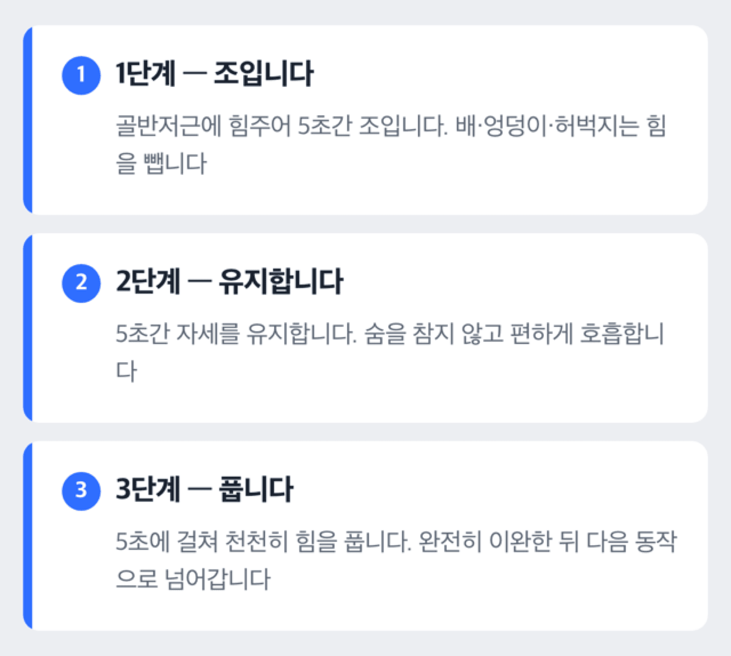 골반저근을 수축, 유지, 이완하는 케겔운동 동작 순서를 보여주는 도해