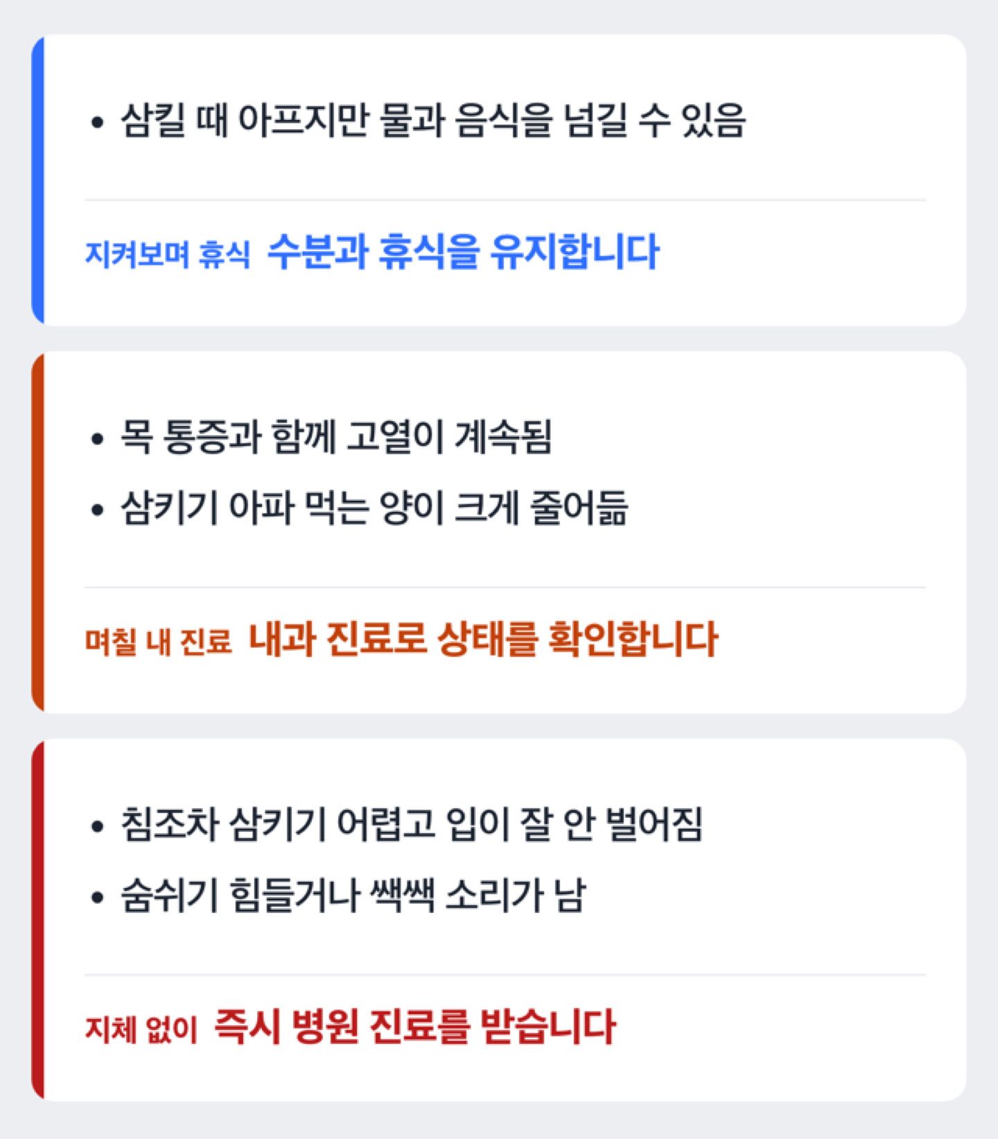 독감 인후통에서 집에서 지켜볼 경우와 즉시 진료가 필요한 경우를 가르는 판단 도해