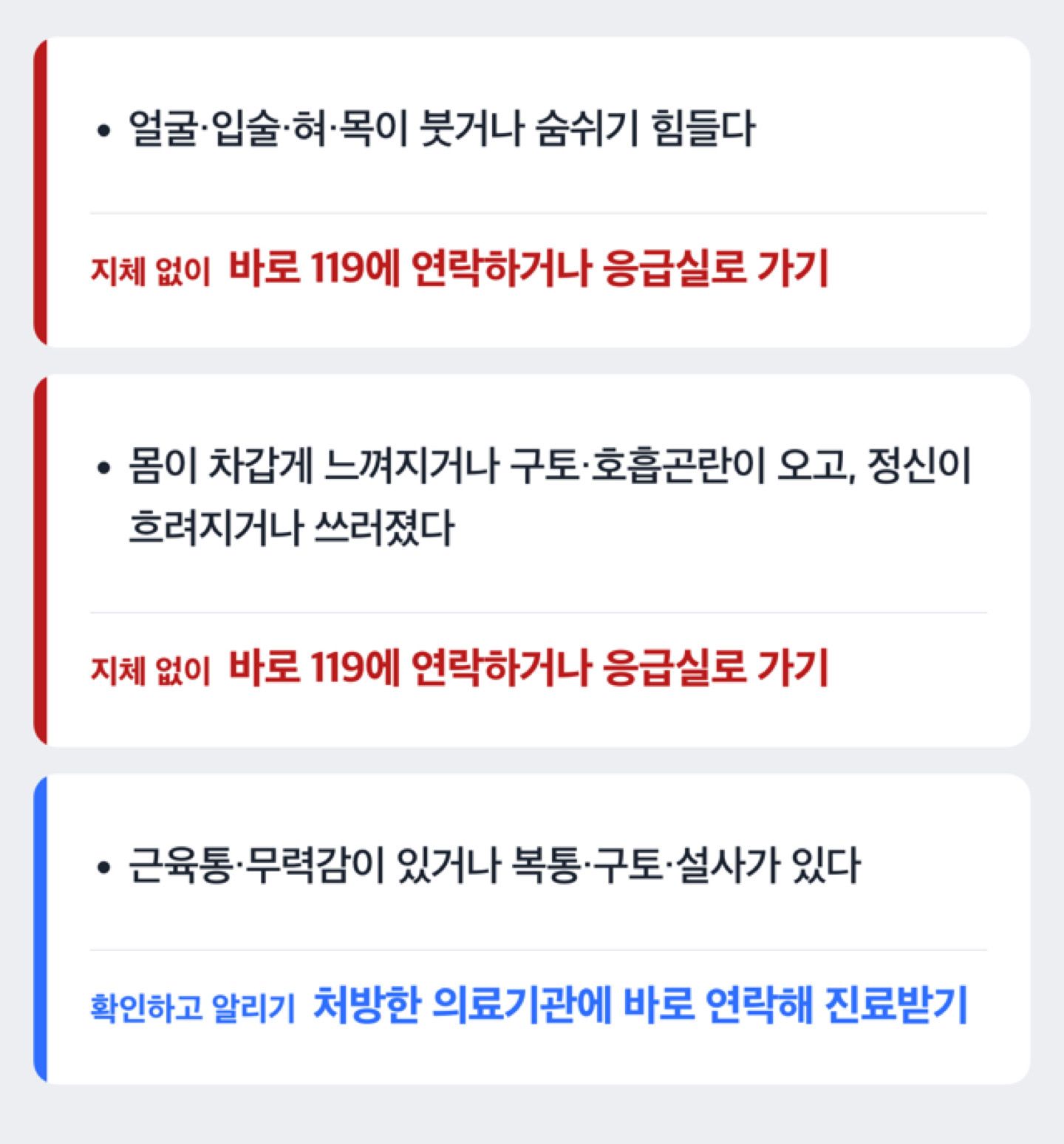 복용 중 증상별로 바로 119에 연락할지 진료를 받을지 가르는 결정 트리