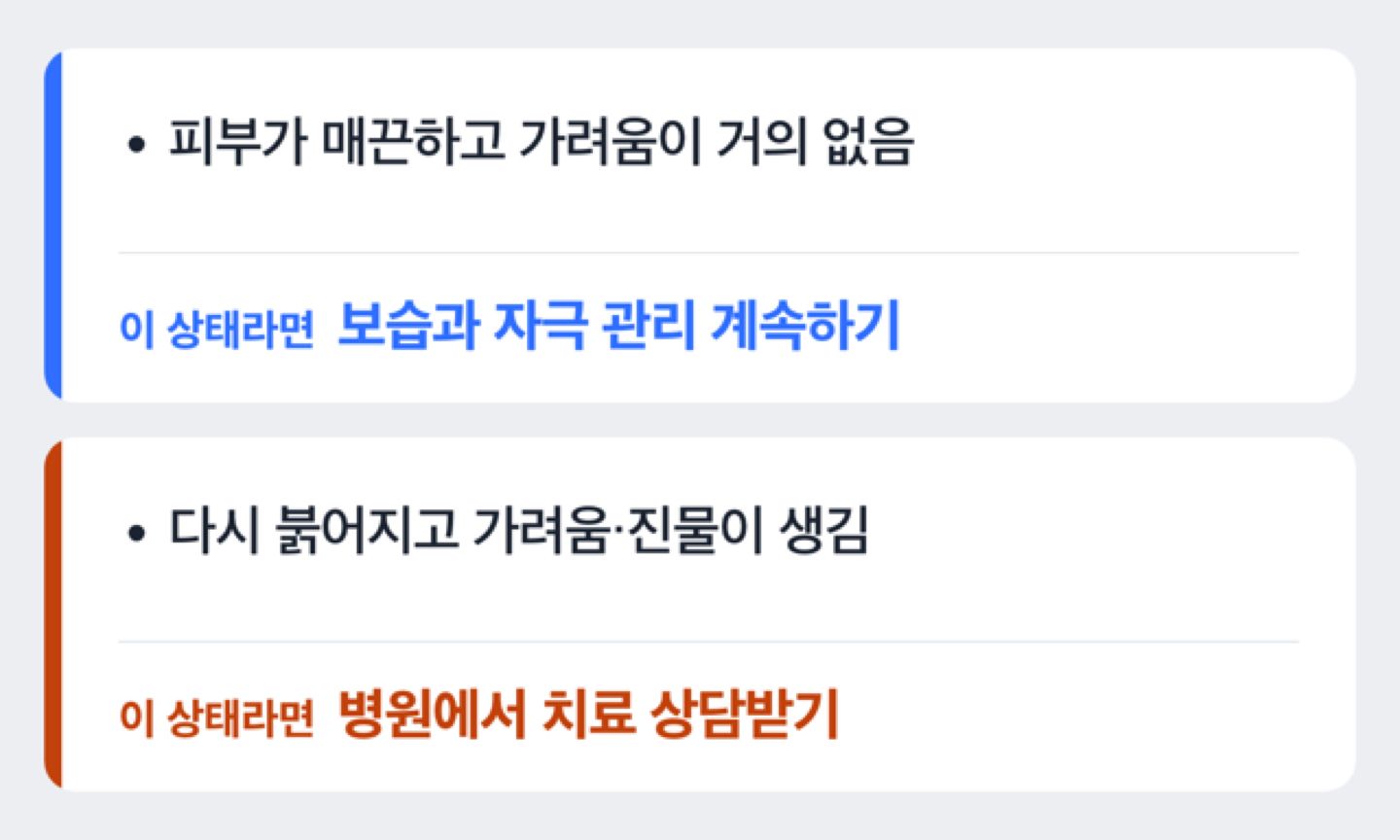 관해기와 재발기 상태에 따라 무엇을 다르게 해야 하는지 보여주는 도해