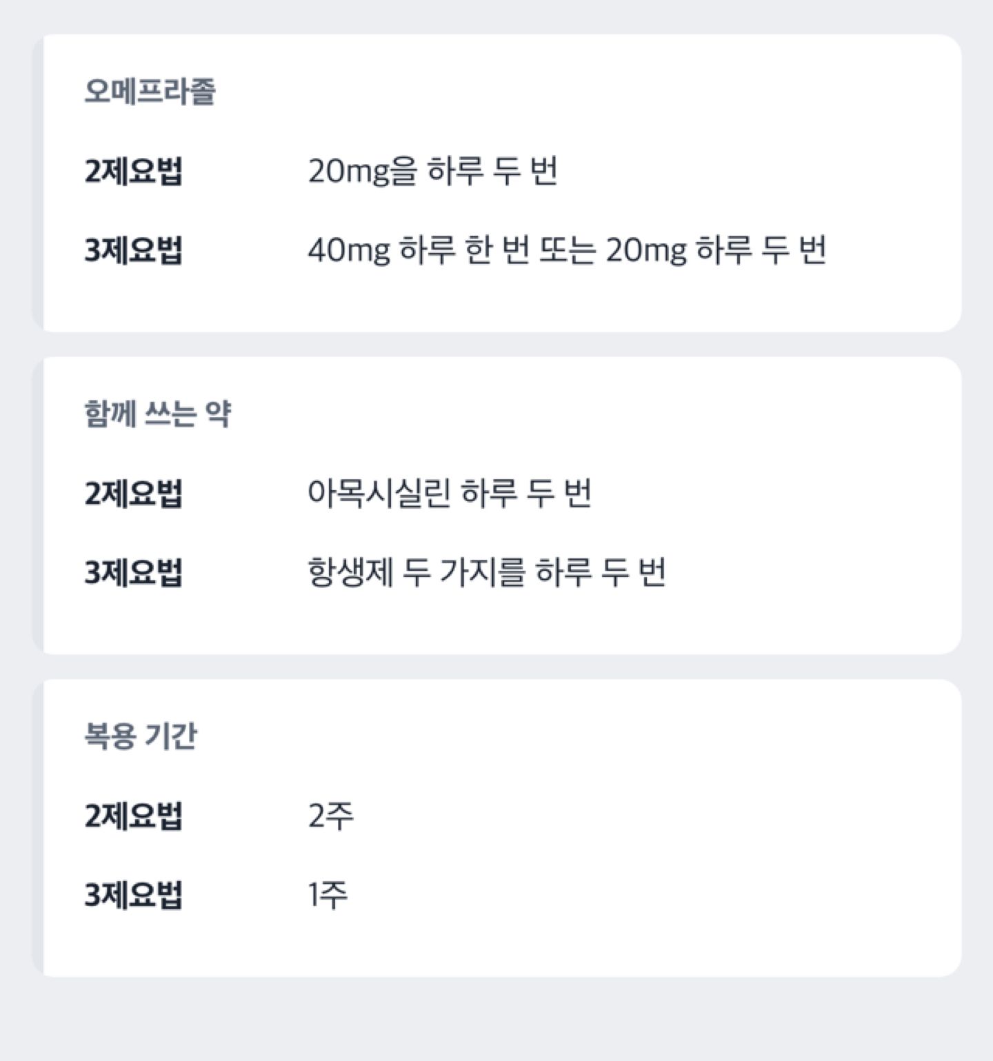 오메프라졸 제균 병용요법의 2제요법과 3제요법을 오메프라졸 용량, 함께 쓰는 항생제, 복용 기간으로 비교한 도해