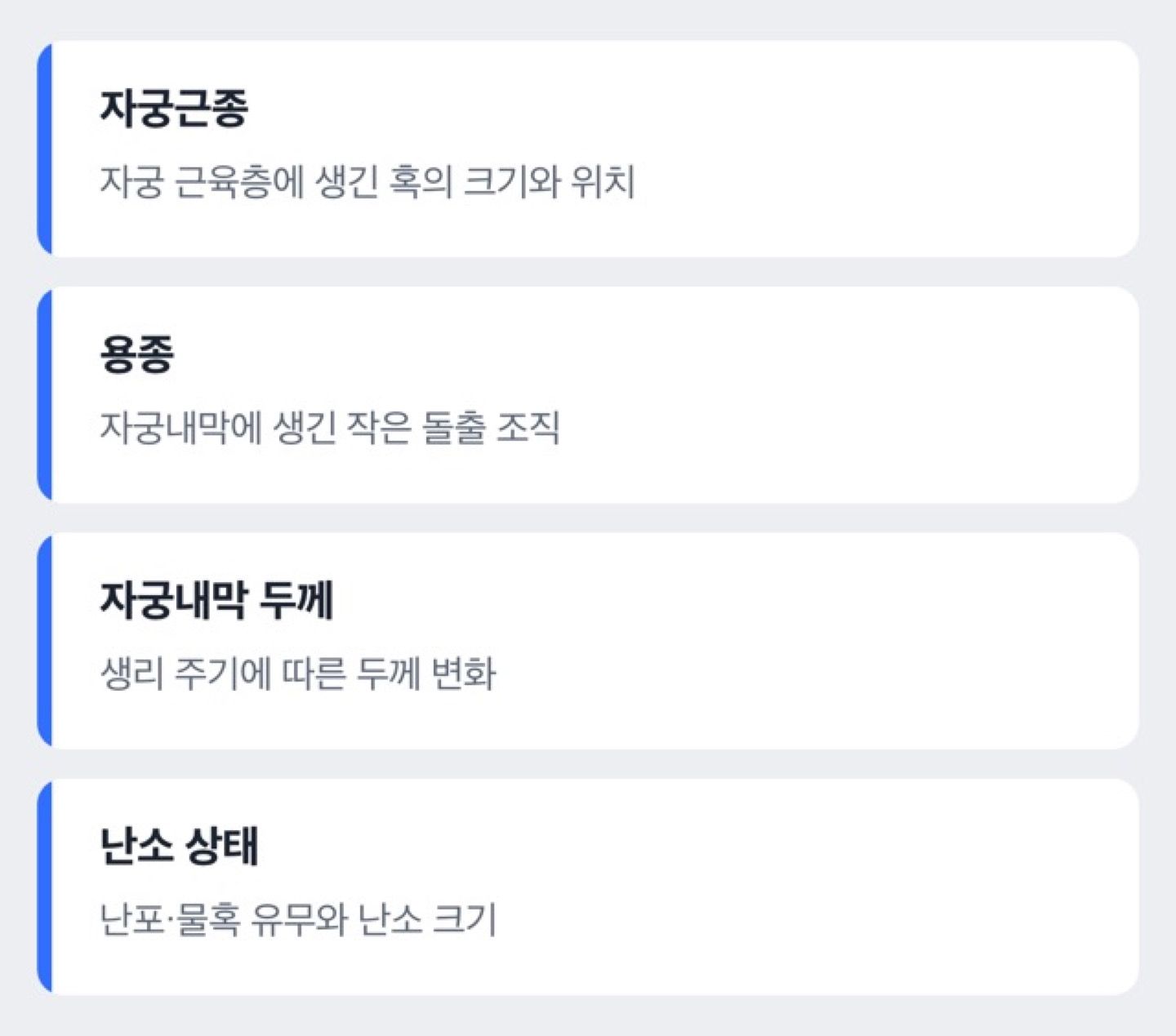 자궁근종·용종·자궁내막 두께·난소 상태 네 가지 확인 항목을 비교한 도해