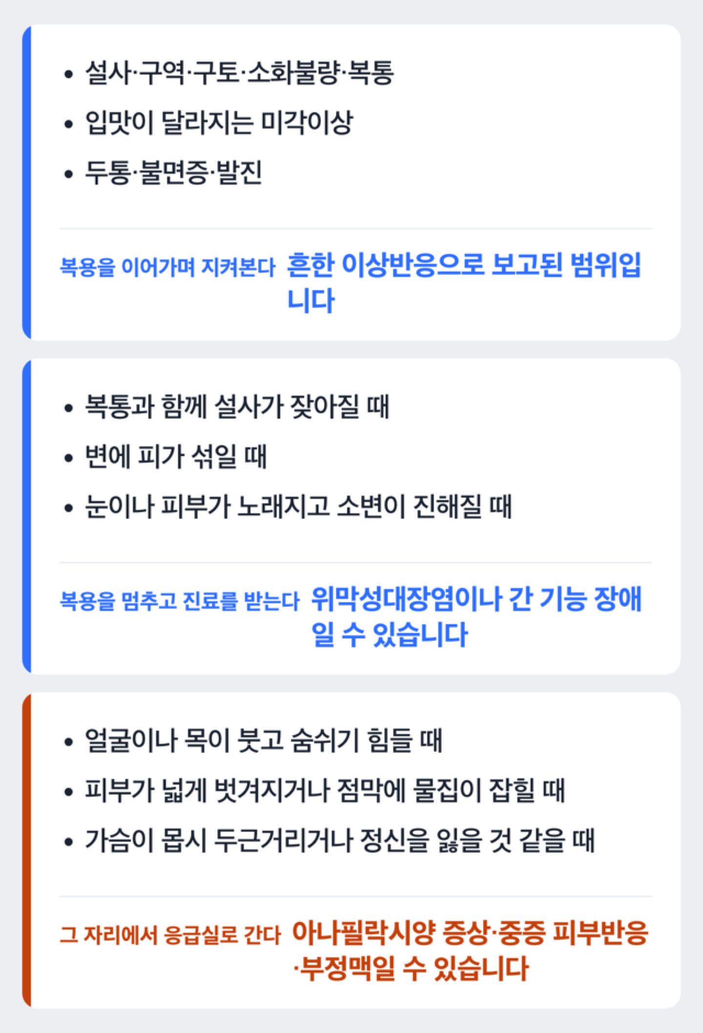 클래리트로마이신 복용 중 지켜볼 수 있는 반응과 복용을 멈추고 병원에 가야 하는 신호를 나눈 도해