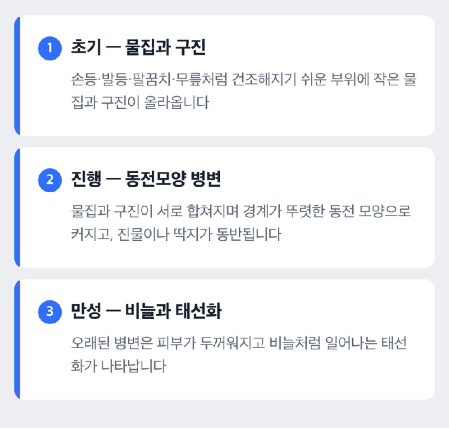 초기 물집·구진에서 동전모양 병변을 거쳐 만성 비늘·태선화로 진행하는 흐름 도해